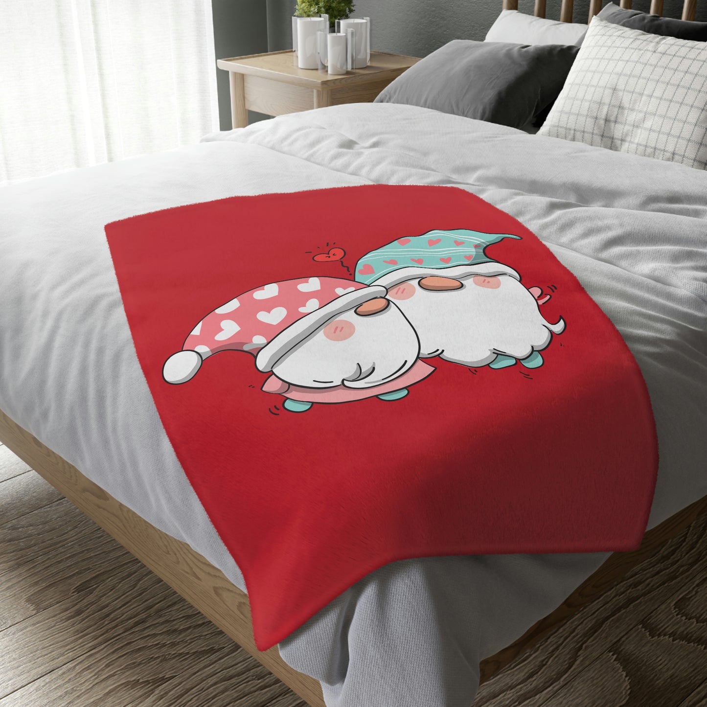 Two Valentine Gnomes Velveteen Minky Blanket (Two-sided print)