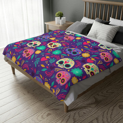 Mexican Skull Velveteen Minky Blanket (Two-sided print)