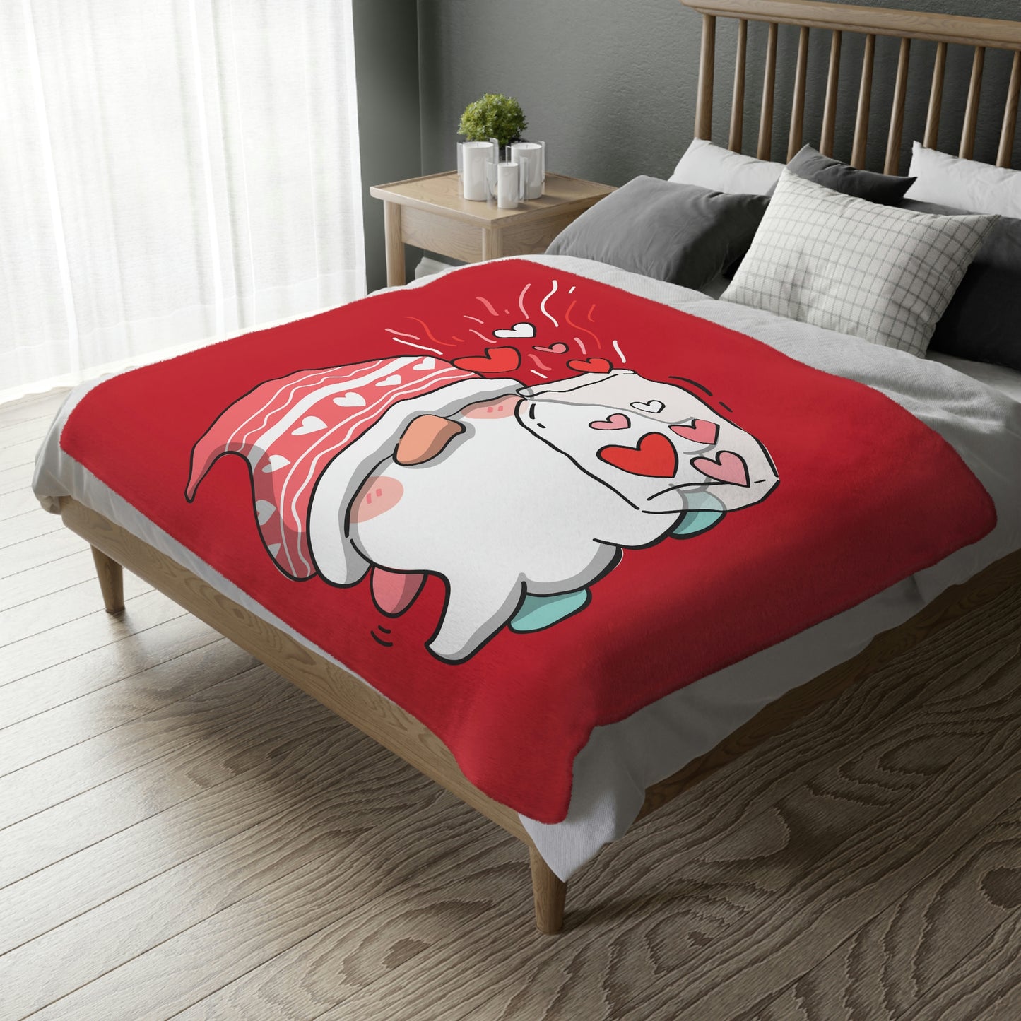 Valentine Gnome with Jar Velveteen Minky Blanket (Two-sided print)