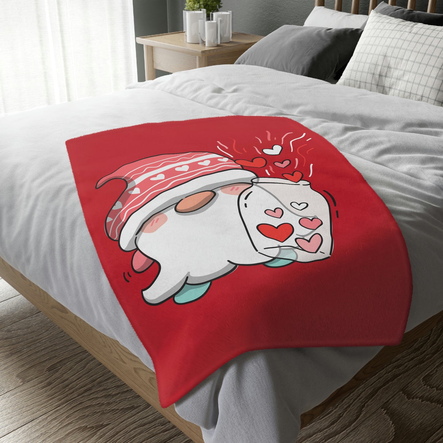 Valentine Gnome with Jar Velveteen Minky Blanket (Two-sided print)