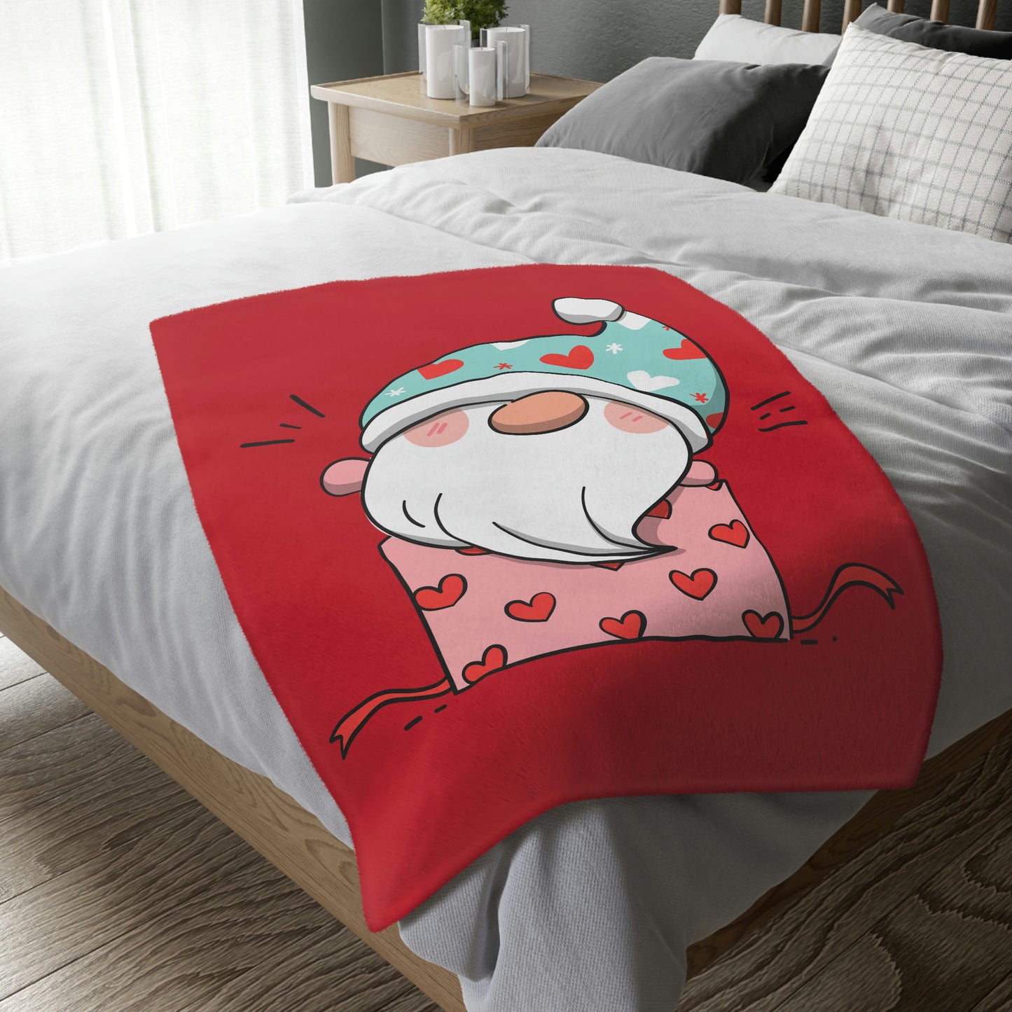 Valentine Gnome in Box Velveteen Minky Blanket (Two-sided print)