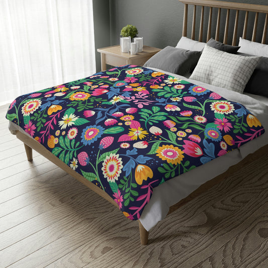 Flowers Blue Velveteen Minky Blanket (Two-sided print)