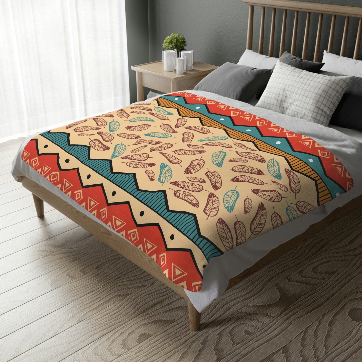 Feather on Geometric Velveteen Minky Blanket (Two-sided print)