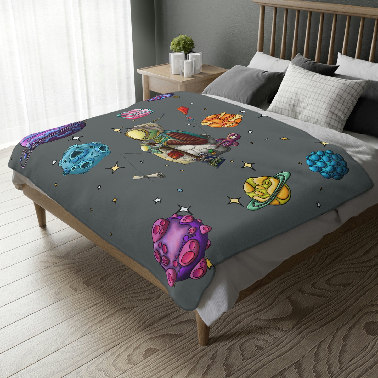 Space Walk Velveteen Minky Blanket (Two-sided print)