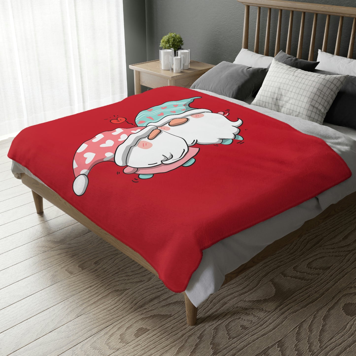 Two Valentine Gnomes Velveteen Minky Blanket (Two-sided print)